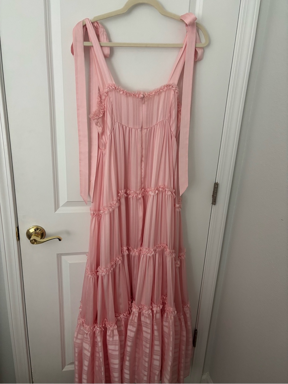 Loveshackfancy Burrows Pink Maxi Dress Fringe Ruffle Layered Tie Shoulder 12 - Picture 3 of 9